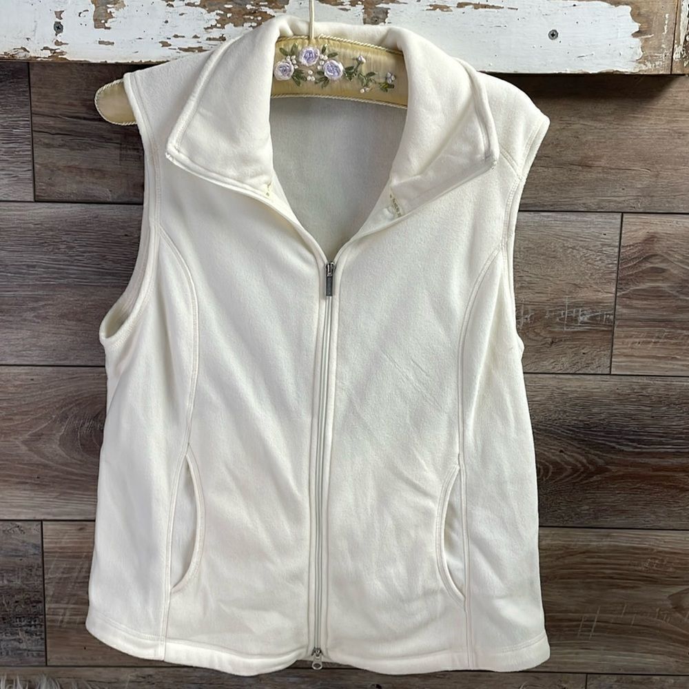 Lands End Ladies Sleeveless Fleece Jacket Vest , Off White , Size Large